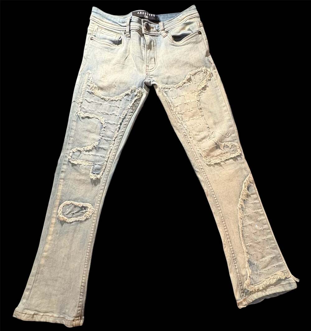 Arketype Light Wash Distressed Patchwork Jeans with Rhinestone  Boy’s Size 10